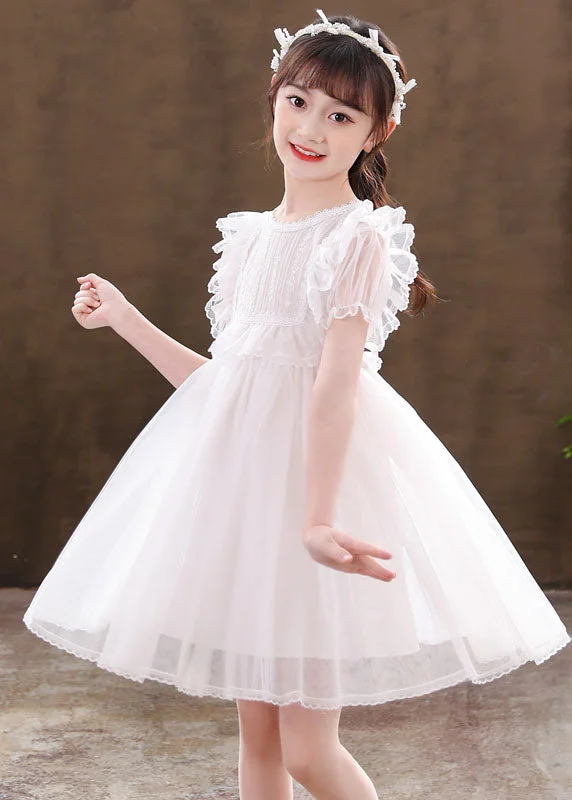 Classy White Ruffled Patchwork Tulle Kids Girls Dresses Summer Budget Friendly