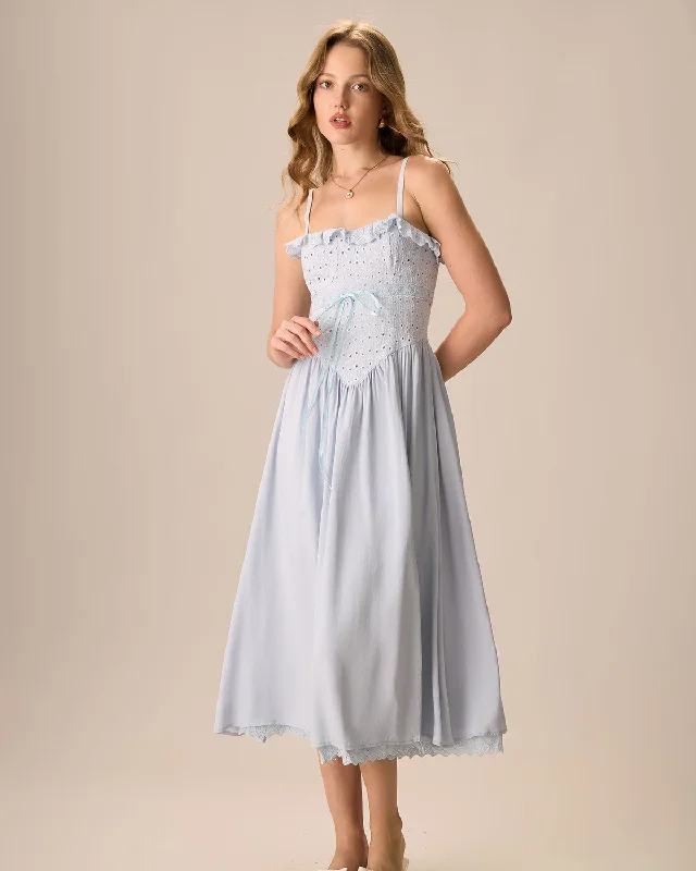 Women's Blue Embroidery Cotton Slip Midi Dress Feminine Soft - Hued Look