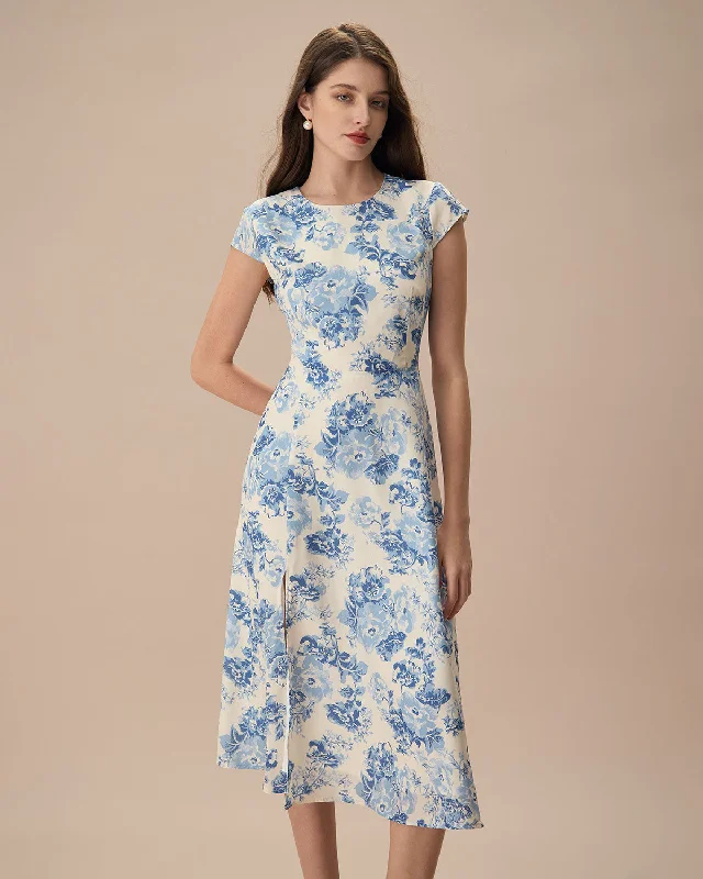 The Blue Round Neck Cap Sleeve Floral Midi Dress Feminine Soft - Hued Look