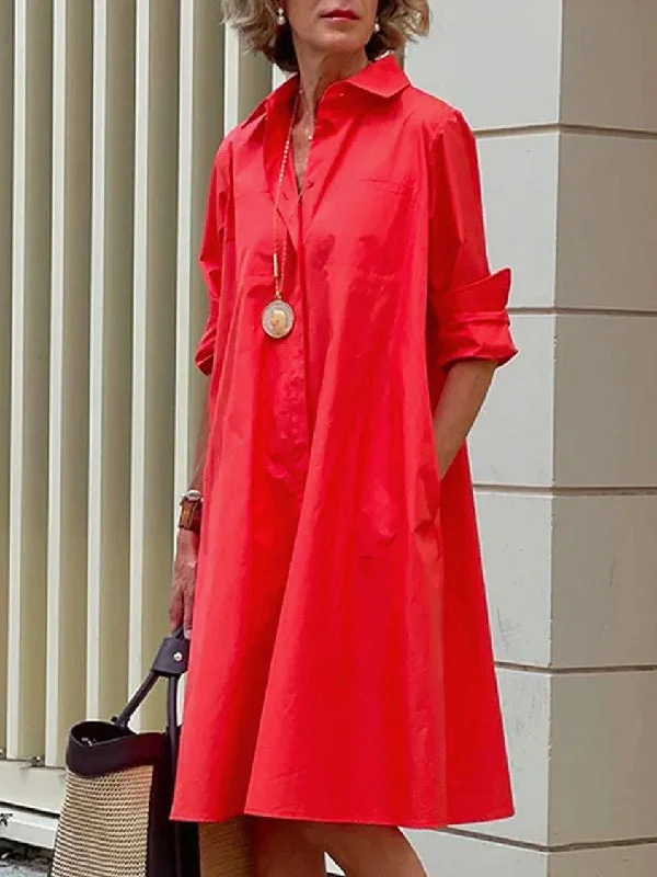 Simple Long Sleeves Solid Modern Color Lapel Midi Dress Evening Looks