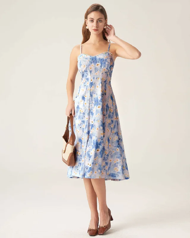 Blue Floral Sweetheart Neck Midi Dress Unleash Your Trendy Side