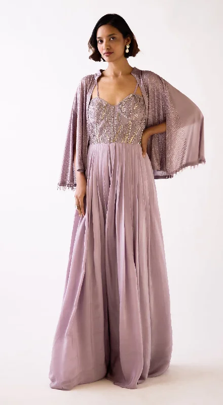 Lilac Embroidered Jumpsuit with Cape Stylish Spring Fashion