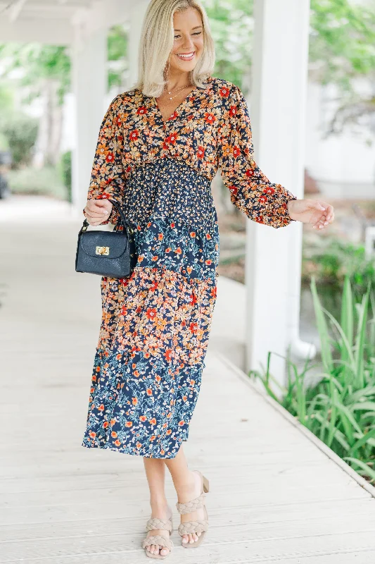 Go For It Navy Blue Ditsy Floral Midi Dress Exquisite Craftsmanship