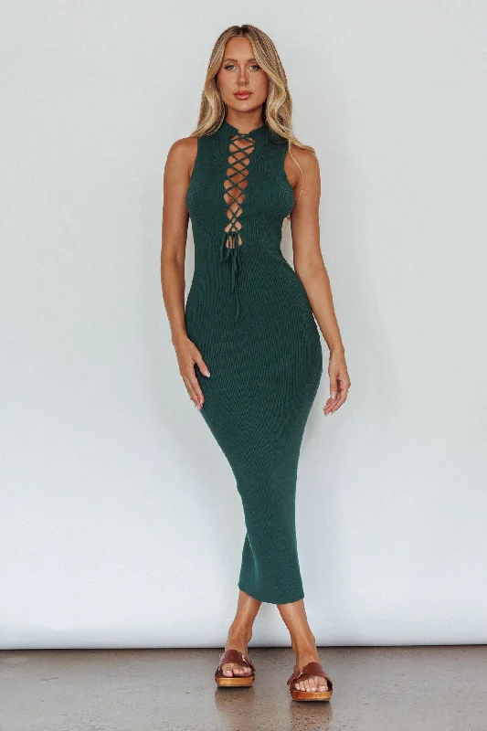 Brand New Day Lace-Up Bust Knit Midi Dress Emerald Budget-Friendly Fashion