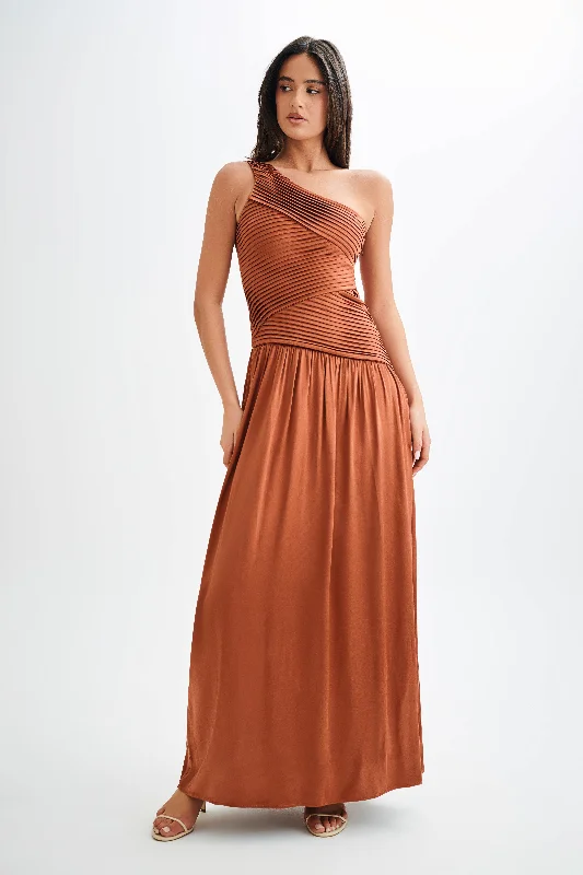 Jenna One Shoulder Pleated Maxi Dress - Wood Stylish Looks