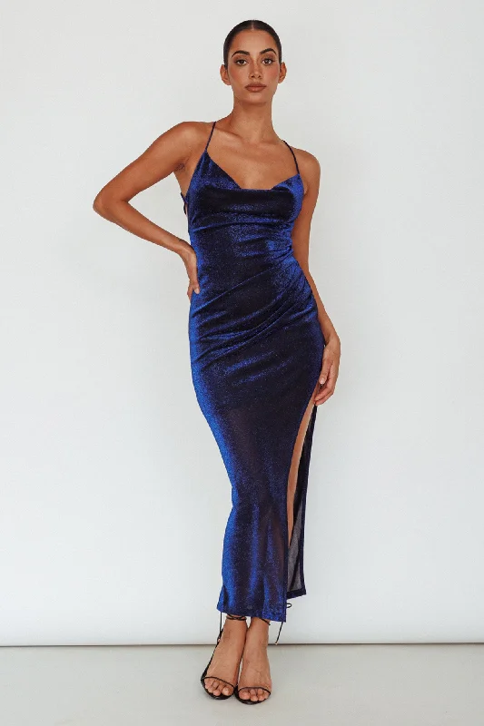 Moonstone Side Split Strappy Back Midi Dress Blue Premium Style