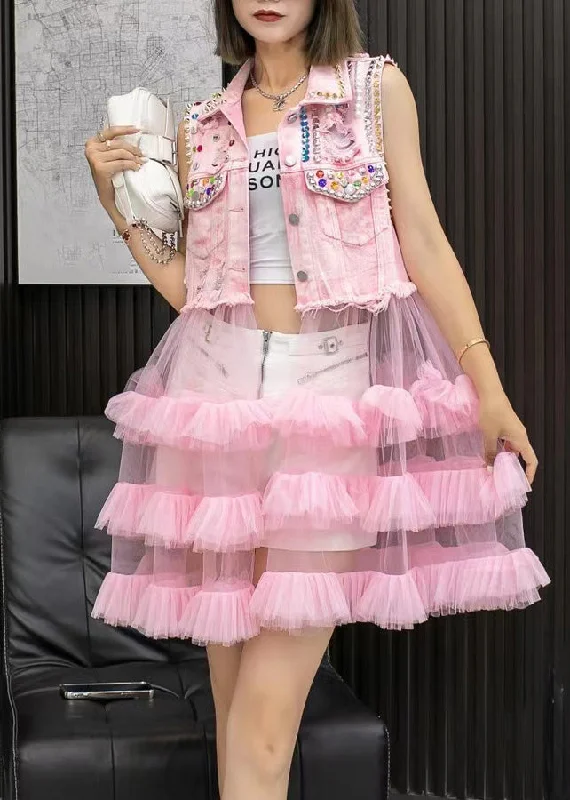 Chic Pink Denim Waistcoat Patchwork Tulle Mid Dresses Sleeveless Latest Trends