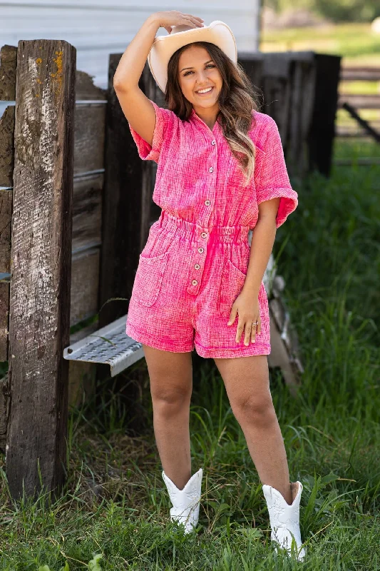 Hot Pink Washed Elastic Waist Romper Big Savings On Rustic Countryside Styles