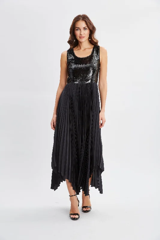 Sequin Bodice Pleated Dress Trend Alert