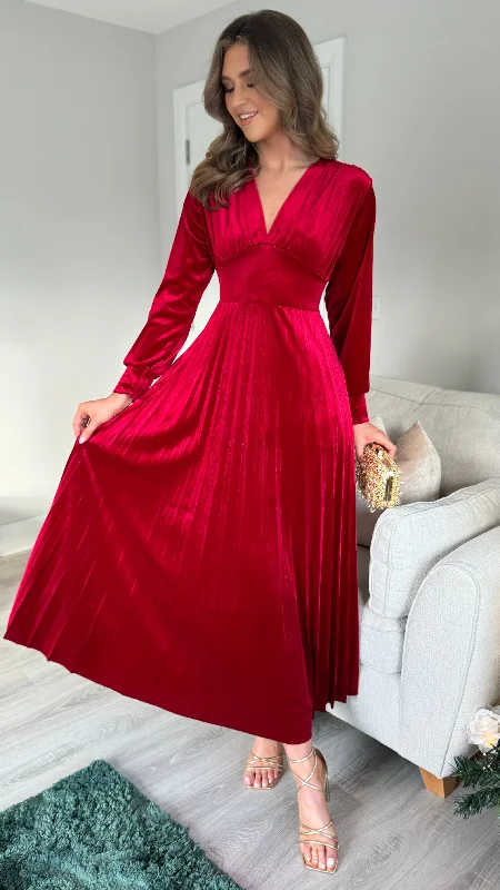 Casen Red Velvet Pleated Midi Dress Effortless Grace