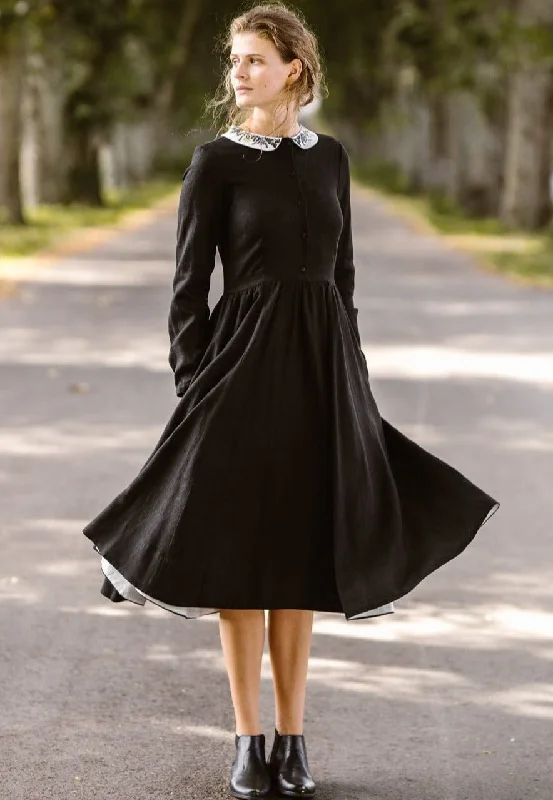 Classic Dress with Embroidered Meadow Collar, Long Sleeve Limited Time Offer