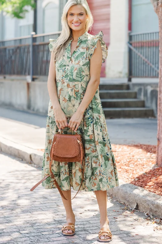 Created Beauty Olive Green Floral Midi Dress Chic Sophistication