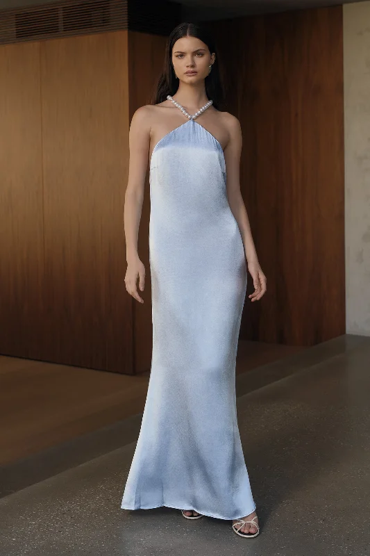 Blanche Satin Pearl Halter Maxi Dress - Cornflower Blue Now On Sale For Chic Urban Styles