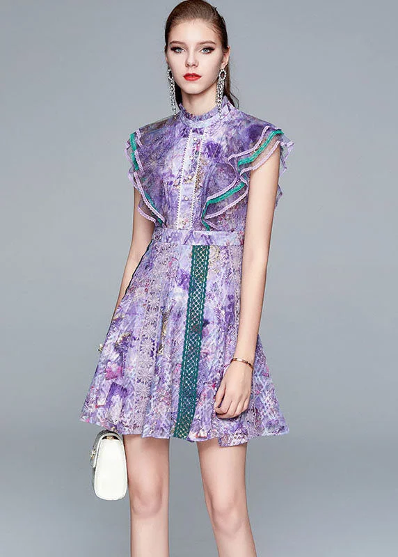 Italian Purple Ruffled Hollow Out Patchwork Lace Mid Dress Summer Evening Looks