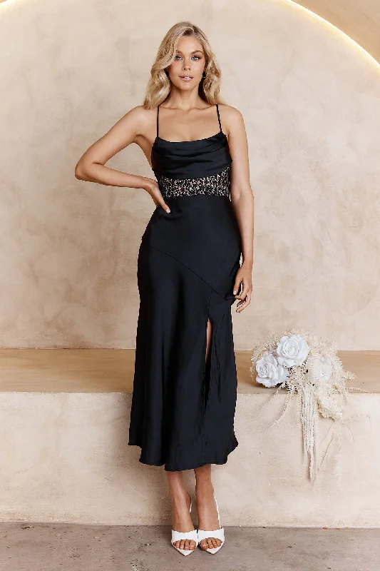 Golden Era Cowl Neck Lace Waist Midi Dress Black Summer Fashion