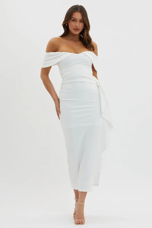 Lillianne Off-Shoulder Side Ruffle Maxi Dress White Save On Inspired Styles