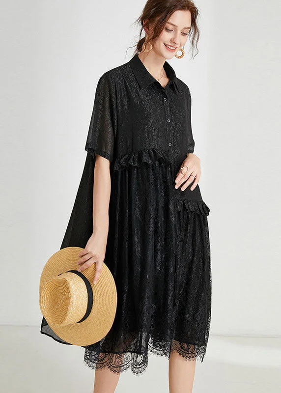 Loose Black Ruffles Lace Patchwork Chiffon Dress Summer Hot Styles