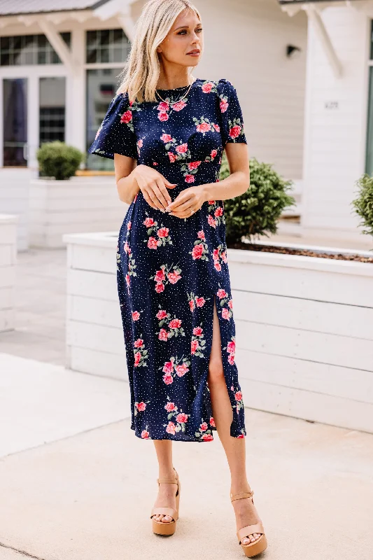 Here We Go Navy Blue Mixed Print Midi Dress Vintage Charm