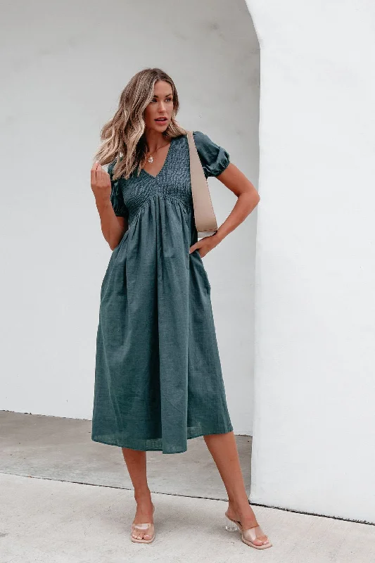 Teal Puff Sleeve Textured Midi Dress - FINAL SALE Limited Time