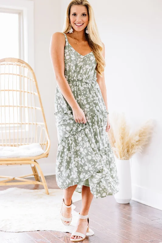 Listen To Your Heart Sage Green Ditsy Floral Midi Dress Fashion For Every Occasion