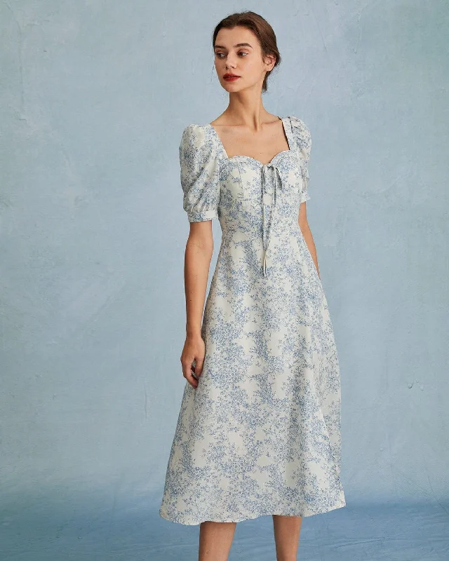 The Blue Sweetheart Neck Puff Sleeve Floral Midi Dress Fashionista Favorites