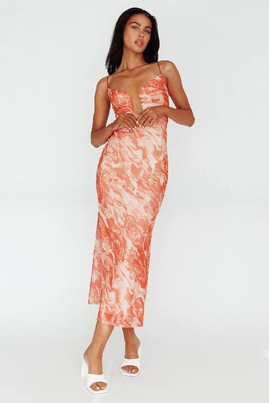 Nouveau U-Neckline Midi Dress Marbled Orange Chic Everyday Wear