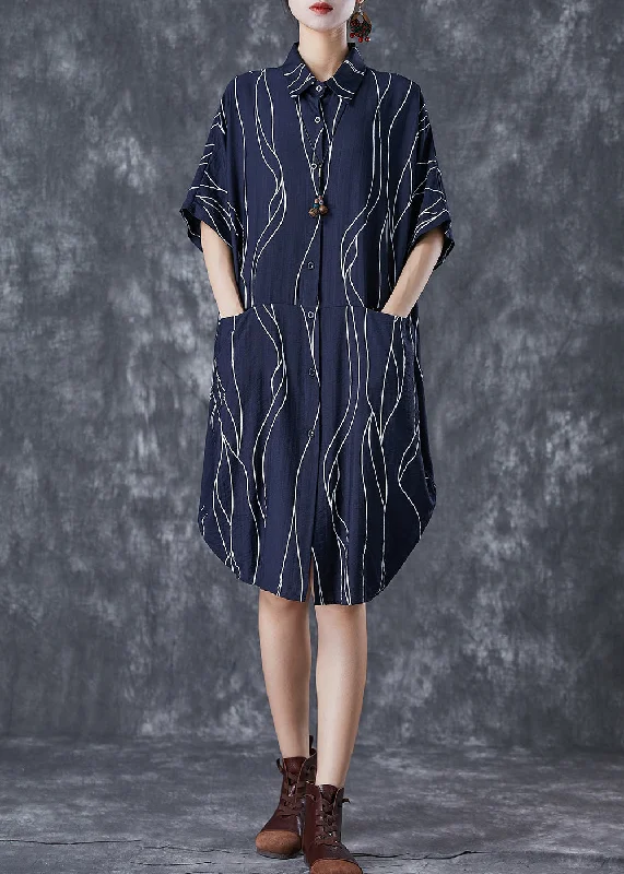 Navy Patchwork Cotton Shirt Dress Oversized Striped Summer Winter Warm - Up Sale