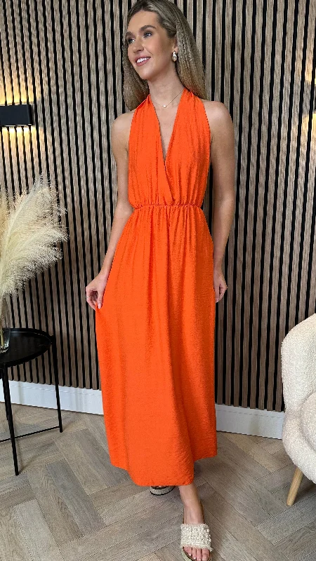 Florie Orange Halterneck Tie Detail Midi Dress Trending Items