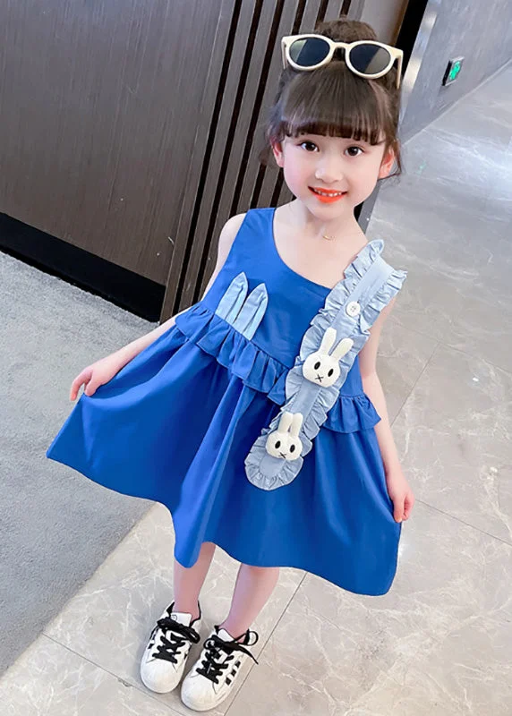 Boutique Blue Asymmetrical Patchwork Ruffled Kids Vacation Mid Dress Sleeveless Trend Setting Threads