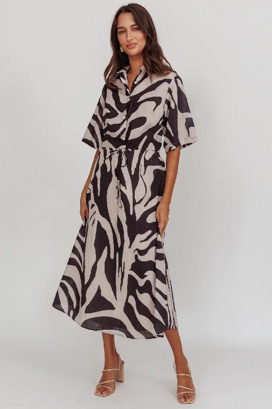 Tiki Boxy Sleeve Print A-line Midi Dress Beige Huge Price Cut