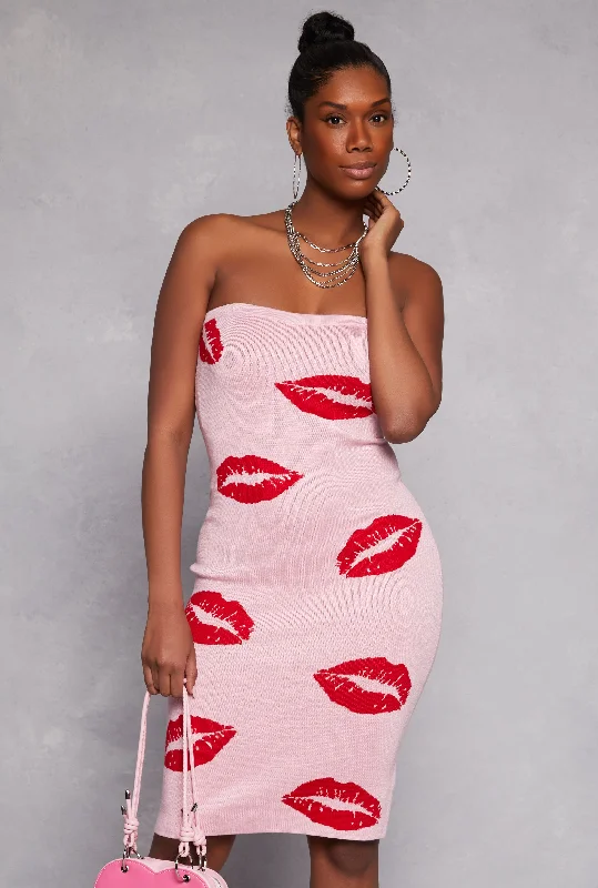 Lip Print Midi Tube Dress Designer Wear On Sale