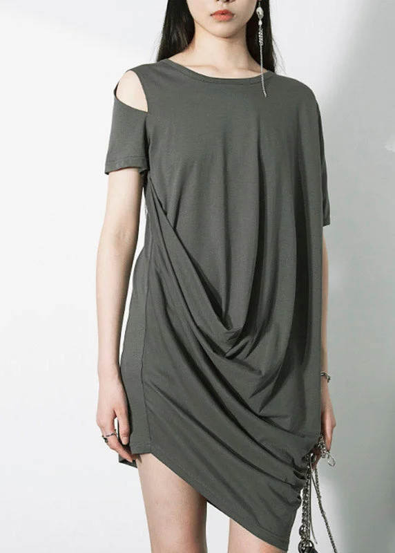 Style Grey Asymmetrical Design Wrinkled Cotton Mid Dress Short Sleeve Exquisite Craftsmanship