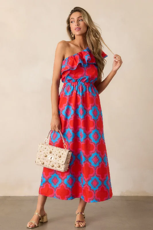 Packing My Bags Cotton Red Multi Print One Shoulder Midi Dress Effortless Chic Apparel