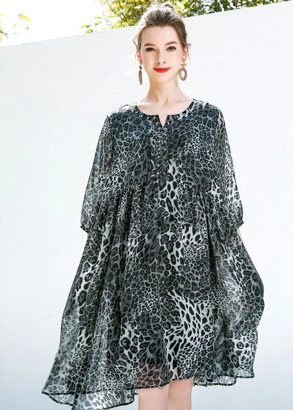 Fine Grey Oversized Leopard Print Chiffon Maxi Dresses Summer Season Sale