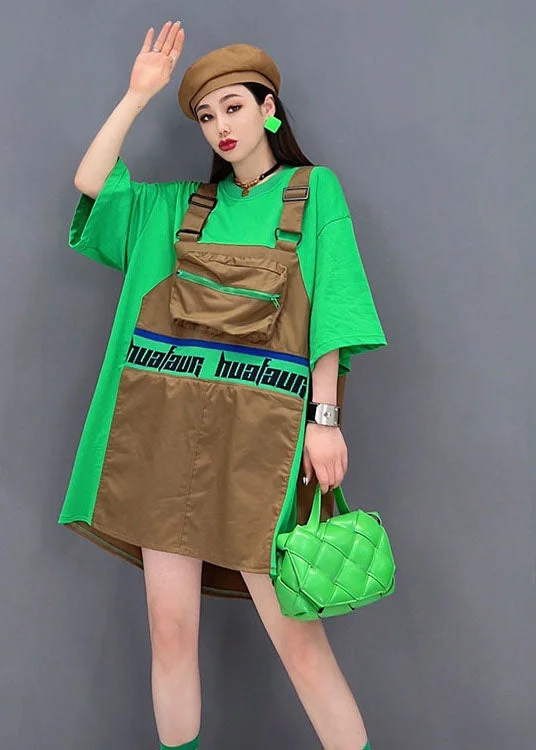 Chic Green O-Neck Patchwork Cotton Fake Two Piece Strap Dress Short Sleeve Fashion Forward Outfits