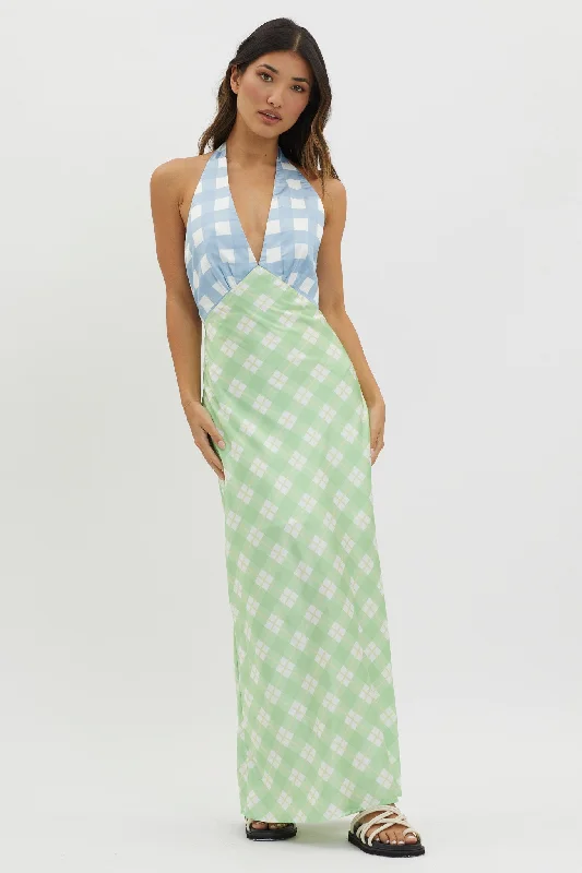 Lavara Halterneck Maxi Dress Checker Green Quality Wear