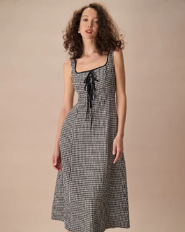 The Black Square Neck Tie Plaid Midi Dress Luxury Fashion