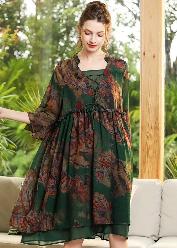 Chic Green Print Ruffled Cross Strap Chiffon Dress Flare Sleeve Now On Sale For Chic Urban Styles