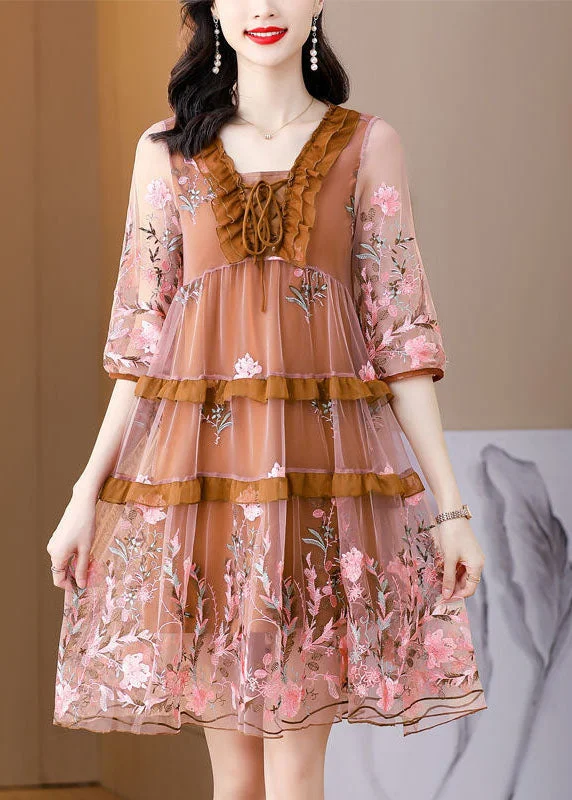 DIY Chocolate Embroideried Ruffled Lace Up Organza Dresses Half Sleeve Save Big