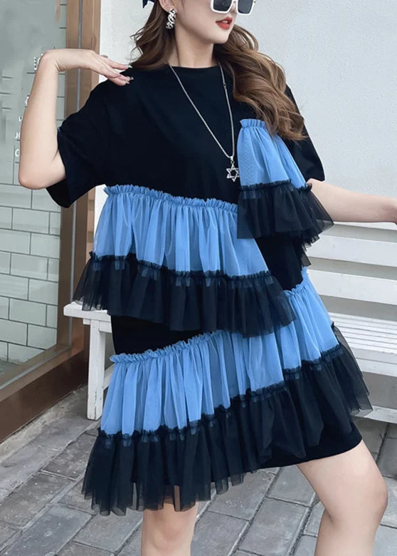 DIY Black O-Neck Wrinkled Tulle Patchwork Vacation Mid Dress Short Sleeve Father's Day Deals