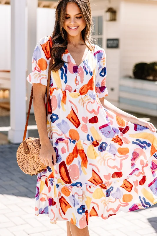 Moving Forward Off White Abstract Midi Dress Designer Wear On Sale