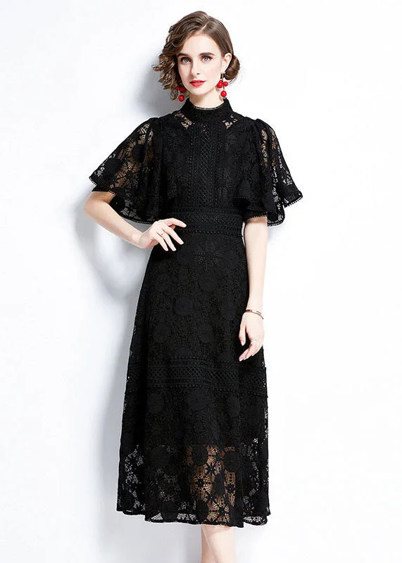 Fashion Black Hollow Out Patchwork Lace Dress Butterfly Sleeve Romantic Detailing