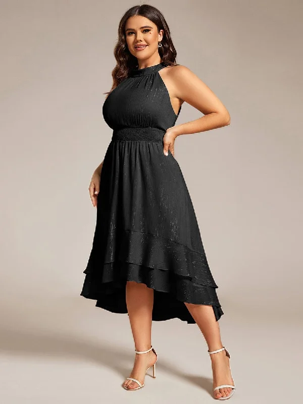 Plus Size Glittery Sleeveless Halter Neck Midi Wedding Guest Dress Chic Trend Collection