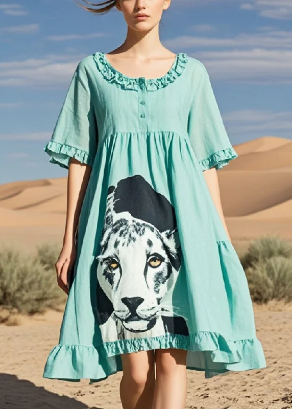 Fitted Lake Green Ruffled Dog Print Cotton Tea Dress Summer Trend Alert