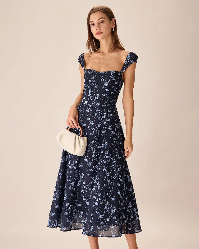 Navy Floral Sweetheart Neck Midi Dress Flash Sale, Don't Miss