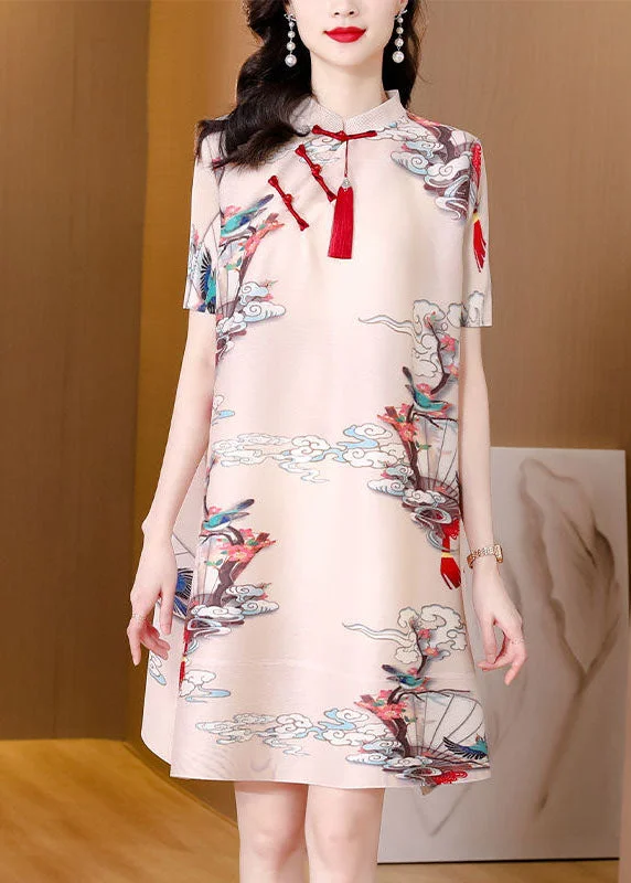 Original Design Apricot Mandarin Collar Print Oriental Button Wrinkled Silk A Line Dresses Short Sleeve Cutting Edge Fashion