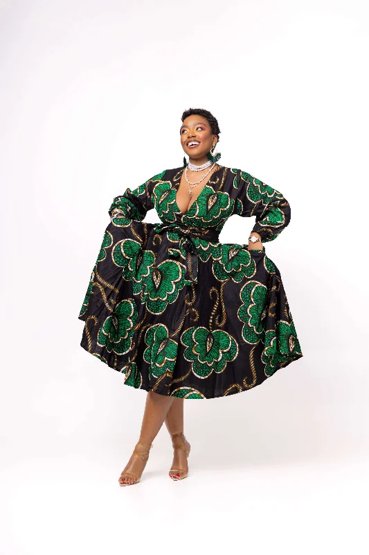 Deja Ankara Midi Dress | Green and Black African Print Chic Styles