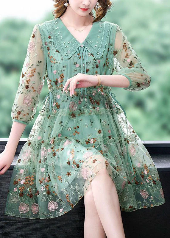 Unique Green Embroideried Ruffled Hollow Out Organza Cinch Dress Bracelet Sleeve Casual Elegance