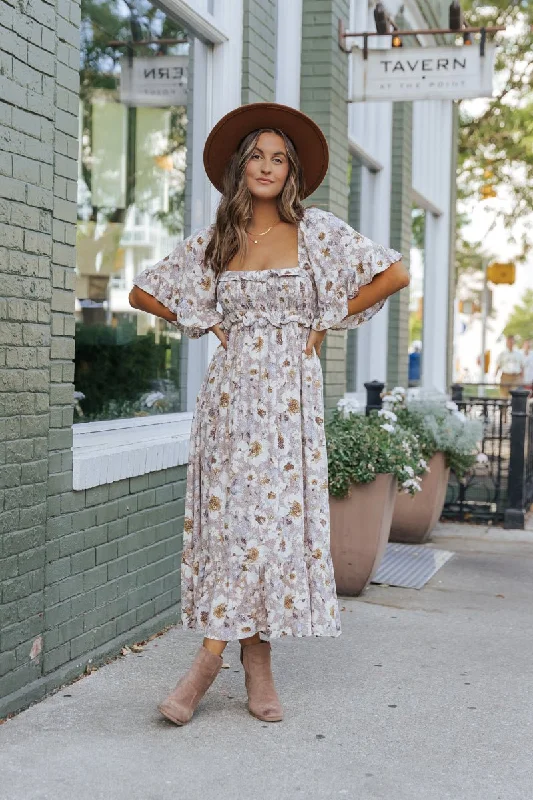 Taupe Floral Print Ruffle Sleeve Midi Dress - FINAL SALE Effortless Everyday Wear