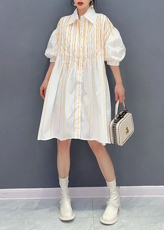 Simple White Peter Pan Collar Striped Cotton Shirts Dress Summer Odd Size Clearance Sale